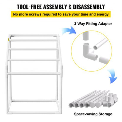 Pool Towel Rack Bar, Freestanding Outdoor PVC Trapezoidal Poolside Storage Organizer with Towel Clips, Mesh Bag & Hook