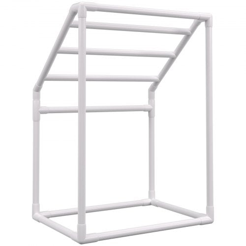 Pool Towel Rack Bar, Freestanding Outdoor PVC Trapezoidal Poolside Storage Organizer with Towel Clips, Mesh Bag & Hook