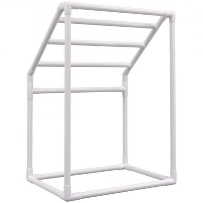 Pool Towel Rack Bar, Freestanding Outdoor PVC Trapezoidal Poolside Storage Organizer with Towel Clips, Mesh Bag & Hook