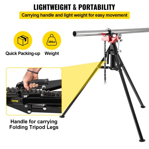 Heavy-Duty Tripod Pipe Chain Vise, Pipe Capacity, Chain, Folding Steel Legs for Pipe Grabbing, Support & Bending