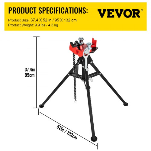 Heavy-Duty Tripod Pipe Chain Vise, Pipe Capacity, Chain, Folding Steel Legs for Pipe Grabbing, Support & Bending