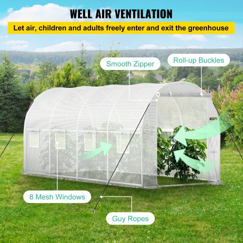 WalkIn Greenhouse 15 X 65 X 7 Ft Waterproof PE Cover Sturdy Galvanized Frame 8 Mesh Windows  Zipper 5