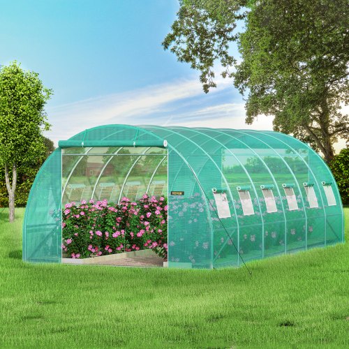 20x10x7 ft Walk-In Greenhouse, Portable Plant Hot House with Galvanized Steel Hoops, 3 Top Beams, 2 Zippered