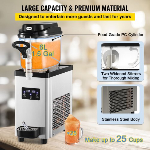 6L16 Gal Commercial Slushy Machine 300W Stainless Steel Frozen Drink Maker Makes 25 Cups  Perfect F 3