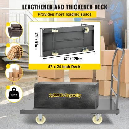 2000 Lb Capacity Flatbed Cart 47 X 24 Steel Platform Truck With Detachable Handle  5 Swivel Casters 4