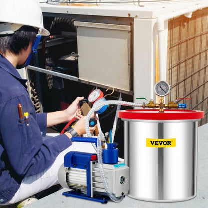 5 CFM 1/3 HP Single Stage Rotary Vane Vacuum Pump & 5 Gallon Chamber Kit, Heavy-Duty 110V HVAC Air Tool