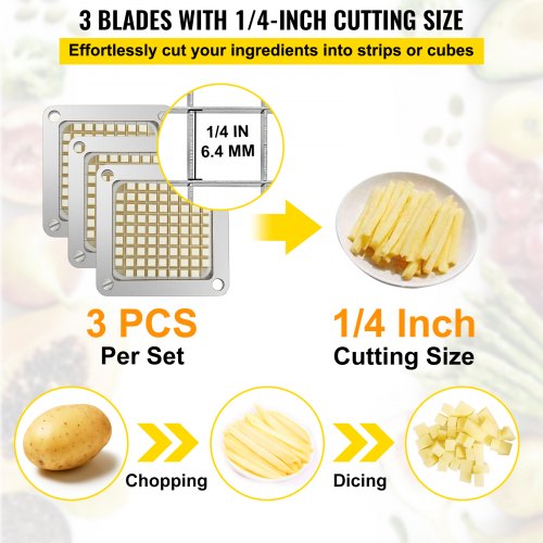 Stainless Steel French Fry Cutter Blades 3 PCS  6 Knives Replacement Dicer Parts  Push Block For Un 3
