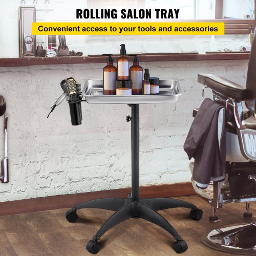 Height Adjustable Salon Tray Stainless Steel Mobile Utility Cart With 2 Cups  1 Metal Ring  Ideal F 2