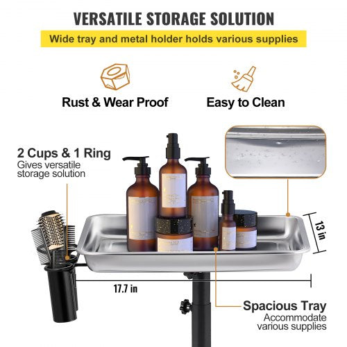 Height Adjustable Salon Tray Stainless Steel Mobile Utility Cart With 2 Cups  1 Metal Ring  Ideal F 3