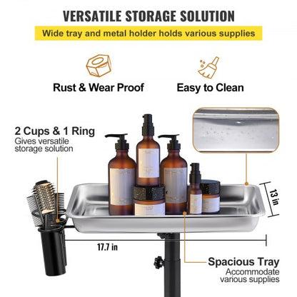 Height Adjustable Salon Tray Stainless Steel Mobile Utility Cart With 2 Cups  1 Metal Ring  Ideal F 3