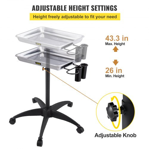 Height Adjustable Salon Tray Stainless Steel Mobile Utility Cart With 2 Cups  1 Metal Ring  Ideal F 4