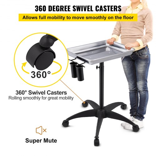 Height Adjustable Salon Tray Stainless Steel Mobile Utility Cart With 2 Cups  1 Metal Ring  Ideal F 5