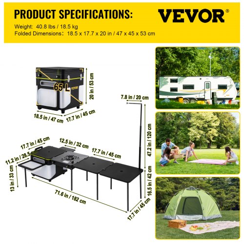 Portable Outdoor Mobile Kitchen, All-in-One Camp Box with Wheels, Folding Tables, Storage Organizer & Windproof Stove