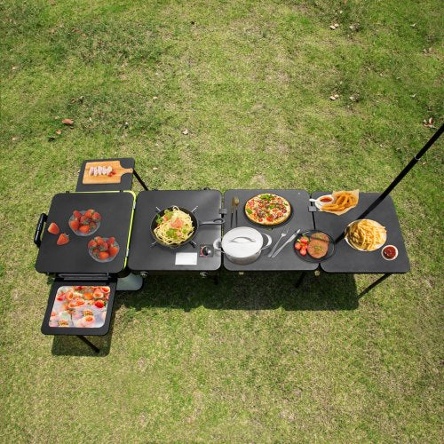 Portable Outdoor Mobile Kitchen, All-in-One Camp Box with Wheels, Folding Tables, Storage Organizer & Windproof Stove