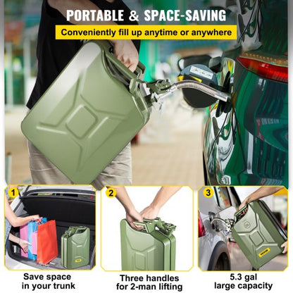 Military-Style Jerry Gas Can, Rustproof Steel Portable Fuel Tank with Bendable Spout for Cars, Trucks, Boats & Outdoor