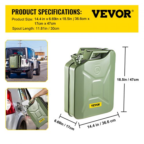 Military-Style Jerry Gas Can, Rustproof Steel Portable Fuel Tank with Bendable Spout for Cars, Trucks, Boats & Outdoor