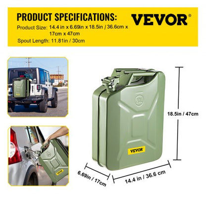 Military-Style Jerry Gas Can, Rustproof Steel Portable Fuel Tank with Bendable Spout for Cars, Trucks, Boats & Outdoor