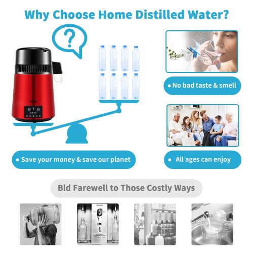 Water Distiller, Distilled Water Maker Machine, Dual Temp Display, Stainless Steel Countertop Distiller