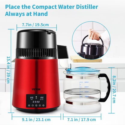 Water Distiller, Distilled Water Maker Machine, Dual Temp Display, Stainless Steel Countertop Distiller