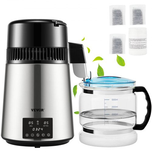 Water Distiller Machine, Stainless Steel Countertop Distiller with Glass Carafe, Dual Temp Display, Cleaning Powder