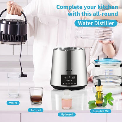 Water Distiller Machine, Stainless Steel Countertop Distiller with Glass Carafe, Dual Temp Display, Cleaning Powder