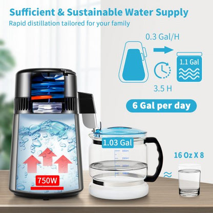 Water Distiller Machine, Stainless Steel Countertop Distiller with Glass Carafe, Dual Temp Display, Cleaning Powder