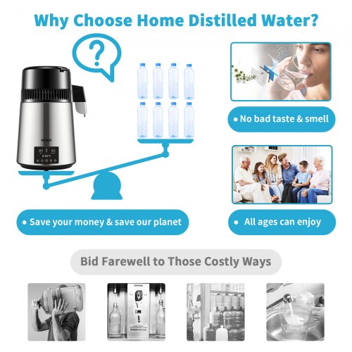Water Distiller Machine, Stainless Steel Countertop Distiller with Glass Carafe, Dual Temp Display, Cleaning Powder