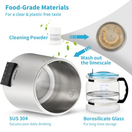 Water Distiller Machine, Stainless Steel Countertop Distiller with Glass Carafe, Dual Temp Display, Cleaning Powder
