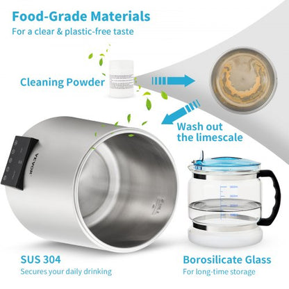 Water Distiller Machine, Stainless Steel Countertop Distiller with Glass Carafe, Dual Temp Display, Cleaning Powder
