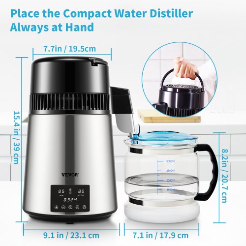 Water Distiller Machine, Stainless Steel Countertop Distiller with Glass Carafe, Dual Temp Display, Cleaning Powder