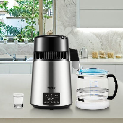 Water Distiller Machine, Stainless Steel Countertop Distiller with Glass Carafe, Dual Temp Display, Cleaning Powder