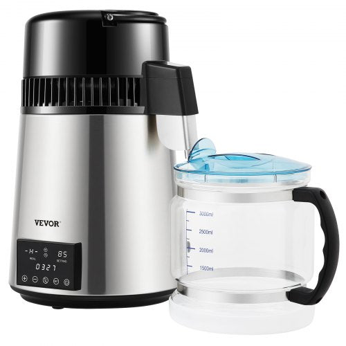 Water Distiller Machine, Stainless Steel Countertop Distiller with Glass Carafe, Dual Temp Display, Cleaning Powder