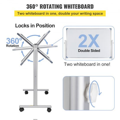 Mobile Magnetic Whiteboard, Double Sided Reversible Rolling Dry Erase Board, Height Adjustable with Aluminum Frame