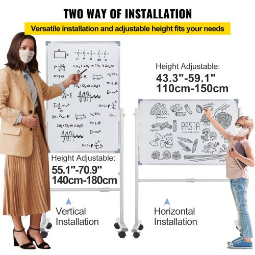 Mobile Magnetic Whiteboard, Double Sided Reversible Rolling Dry Erase Board, Height Adjustable with Aluminum Frame