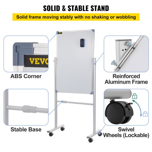 Mobile Magnetic Whiteboard, Double Sided Reversible Rolling Dry Erase Board, Height Adjustable with Aluminum Frame