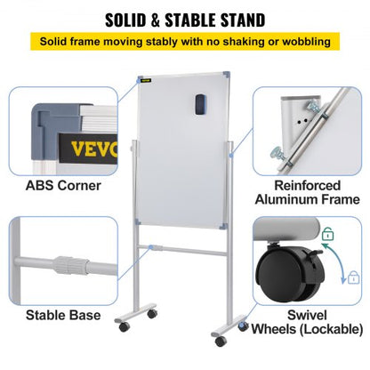 Mobile Magnetic Whiteboard, Double Sided Reversible Rolling Dry Erase Board, Height Adjustable with Aluminum Frame
