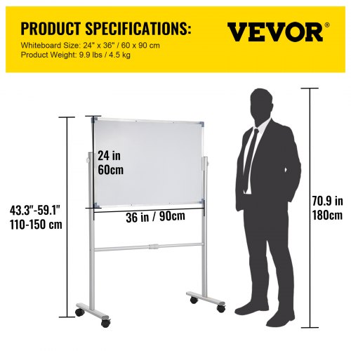 Mobile Magnetic Whiteboard, Double Sided Reversible Rolling Dry Erase Board, Height Adjustable with Aluminum Frame