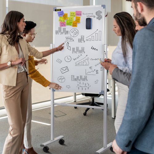 Mobile Magnetic Whiteboard, Double Sided Reversible Rolling Dry Erase Board, Height Adjustable with Aluminum Frame