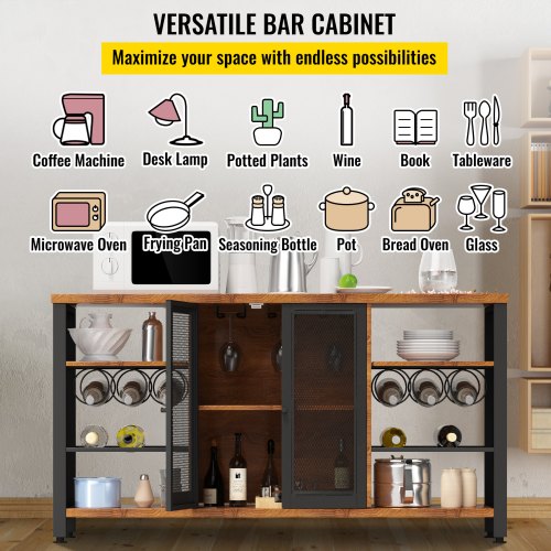 Rustic Oak Industrial Bar Cabinet, Wine Table for Liquor with Glass Holder, Wine Rack & Metal Sideboard for Living Room