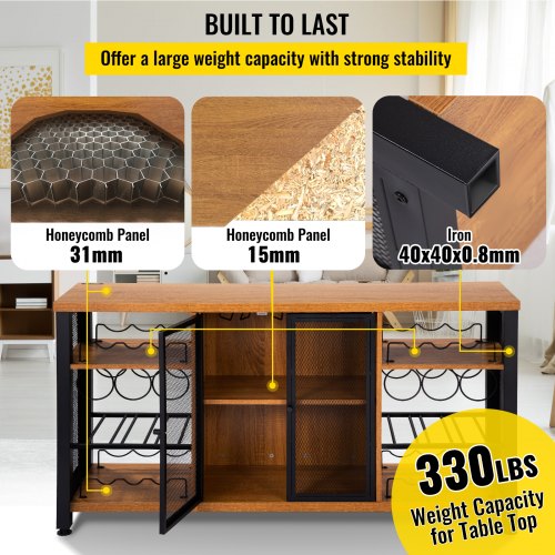 Rustic Oak Industrial Bar Cabinet, Wine Table for Liquor with Glass Holder, Wine Rack & Metal Sideboard for Living Room