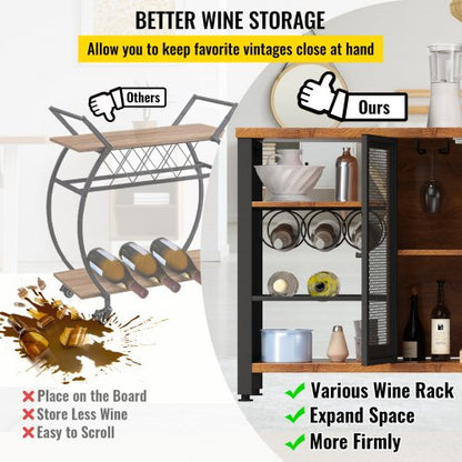 Rustic Oak Industrial Bar Cabinet, Wine Table for Liquor with Glass Holder, Wine Rack & Metal Sideboard for Living Room