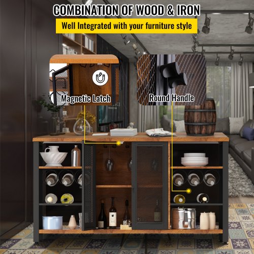 Rustic Oak Industrial Bar Cabinet, Wine Table for Liquor with Glass Holder, Wine Rack & Metal Sideboard for Living Room