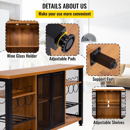 Rustic Oak Industrial Bar Cabinet, Wine Table for Liquor with Glass Holder, Wine Rack & Metal Sideboard for Living Room