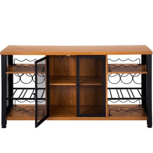 Rustic Oak Industrial Bar Cabinet, Wine Table for Liquor with Glass Holder, Wine Rack & Metal Sideboard for Living Room