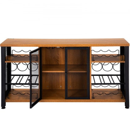 Rustic Oak Industrial Bar Cabinet, Wine Table for Liquor with Glass Holder, Wine Rack & Metal Sideboard for Living Room