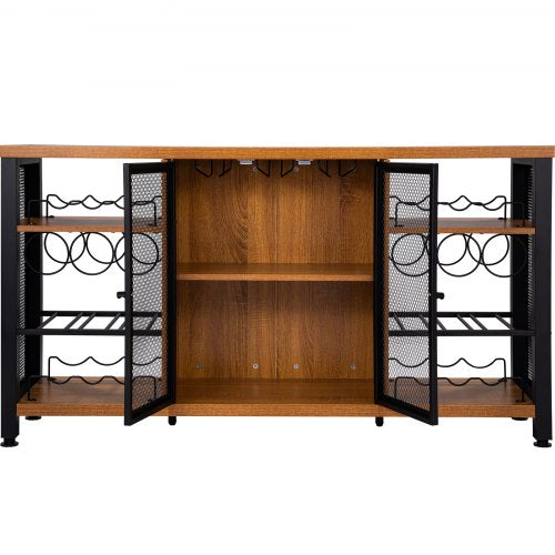 Rustic Oak Industrial Bar Cabinet, Wine Table for Liquor with Glass Holder, Wine Rack & Metal Sideboard for Living Room