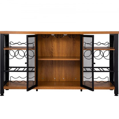 Rustic Oak Industrial Bar Cabinet, Wine Table for Liquor with Glass Holder, Wine Rack & Metal Sideboard for Living Room
