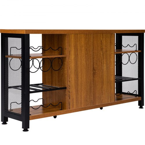 Rustic Oak Industrial Bar Cabinet, Wine Table for Liquor with Glass Holder, Wine Rack & Metal Sideboard for Living Room