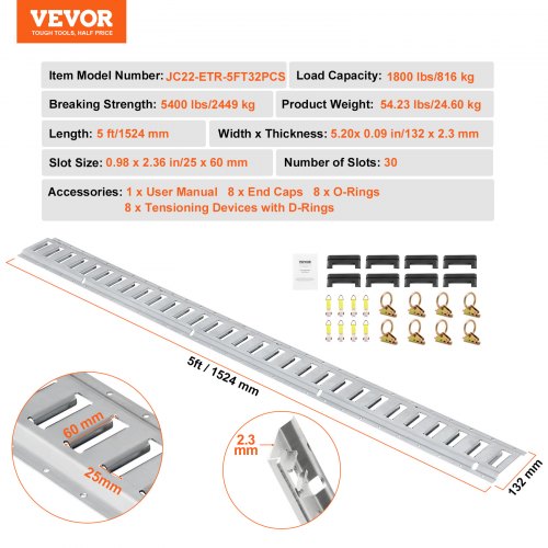 Heavy-Duty E Track Tie-Down Rail Kit, E-Tracks Set with Steel Rails, O-Rings, Tie-Offs & End Caps for Cargo, Motorcycle