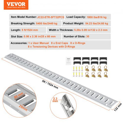 Heavy-Duty E Track Tie-Down Rail Kit, E-Tracks Set with Steel Rails, O-Rings, Tie-Offs & End Caps for Cargo, Motorcycle